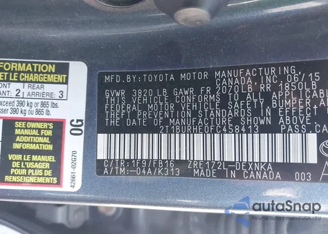 2015 Toyota Corolla L/Le/Le Pls/Prm/S/S Pls z USA, uszkodzony, nr VIN 2T1BURHE0FC458413